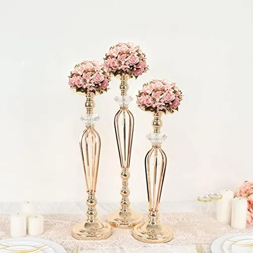 Set of 3 Gold Metal Crystal Ball Pillar Candle Holders Set, Flower Bowl Pedestal Stand - 20", 23", 25"