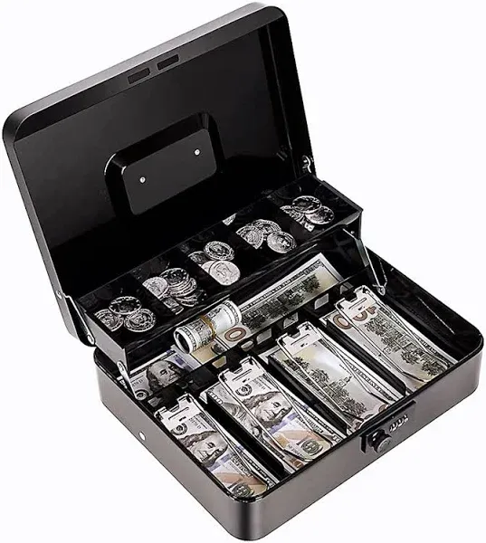 Cash Box with Lock Key and Money Tray Large Money Box for Cash Metal Lock Box