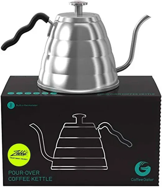 Coffee Gator 34oz Stainless Steel Gooseneck Kettle with Thermometer, 4 Cup