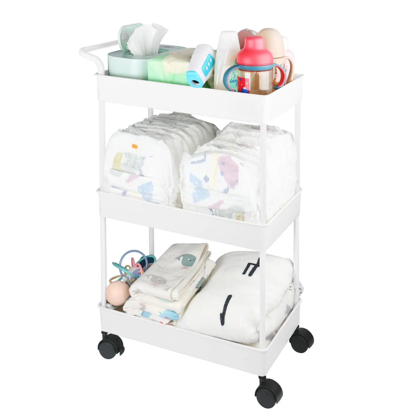 Baby Diaper Caddy, Plastic Movable Cart for Newborn Nursery Essentials Diaper Storage Caddy Organizer for Changing Table & Crib, Easy to Assemble, Black