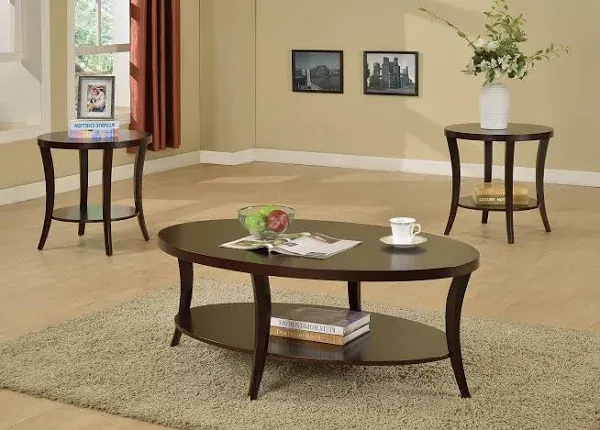 Roundhill Furniture Perth 3-Pc Espresso Oval Coffee Table with End Tables Set