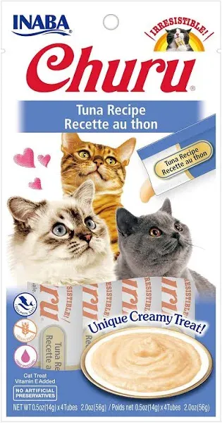 INABA Churu Lickable Purée Natural Cat Treats (Tuna Recipe, 4 Tubes)