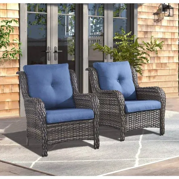 Gymojoy Wicker Outdoor Lounge Chair Stationary Gray w/ Blue Cushions (2-Pack)