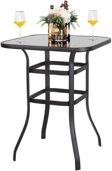 Nuu Garden Outdoor 32 Inch Square Bar Table with Silk Screen Glass Tabletop