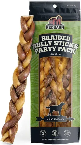 Redbarn All Natural 8-12” Braided Bully Sticks for Medium &amp; Large Dogs - Healthy