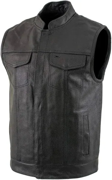 Mens Motorcycle Leather Club Vest Solid Black Concealed Carry Pockets