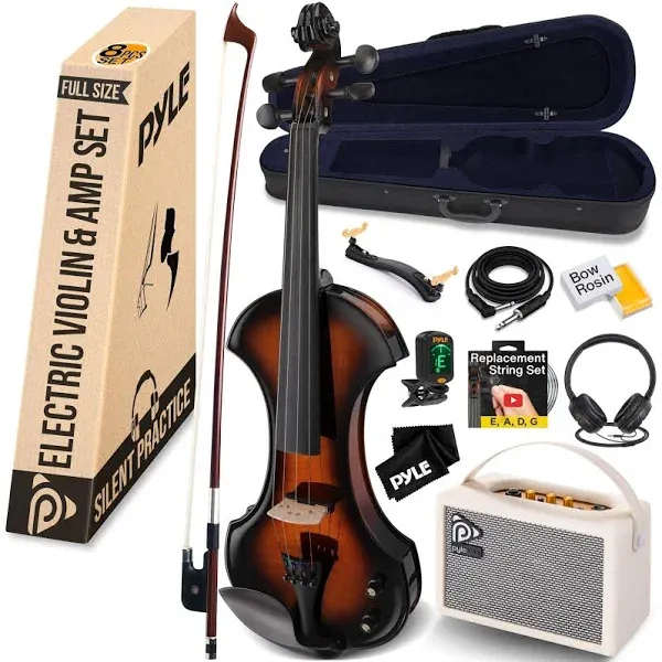 Pyle Electric Plywood Violin Stringed Instrument w/ Accessory Kit (Sunburst)