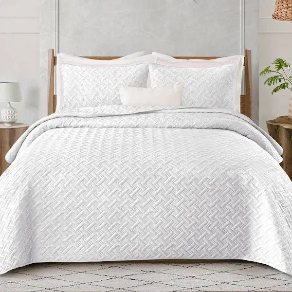 Exclusivo Mezcla Soft Quilt Set King Size, 3 Pieces Lightweight Quilts Grey Bedspreads Coverlets Bedding Set for All Seasons, Weave Pattern