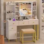 Pakasept Makeup Vanity Desk with Mirror and 3-Color Lights with Charging Station - White