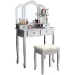 Roundhill Furniture Sanlo Wooden Vanity | Make Up Table and Stool Set | Silver