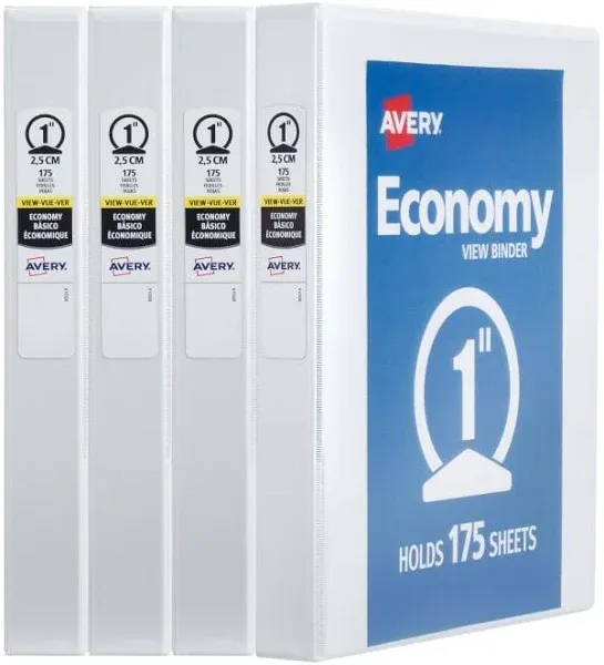 Avery 0.5" Economy View 3 Ring Binders, Round Rings, 100-Sheet Capacity, Black, 4 Pack (17701)