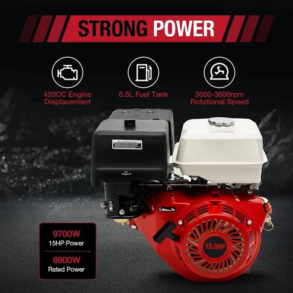 420CC Gasoline Engine 15HP Gas Engine 4 Stroke Gasoline Engine 9.7KW/3600RPM Motor Engine with Air Cooling System Pull Start Gas Powered Go Cart Engine