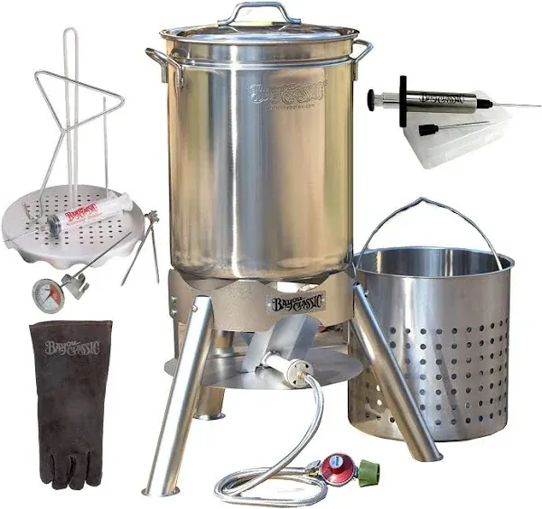 Enterprises Turkey Deep Fryer Oversized 44 Quart Stainless Steel Big Bird Kit by Bayou Classic for Big 25 lbs Huge Turkeys Complete KIT TOP of The LINE