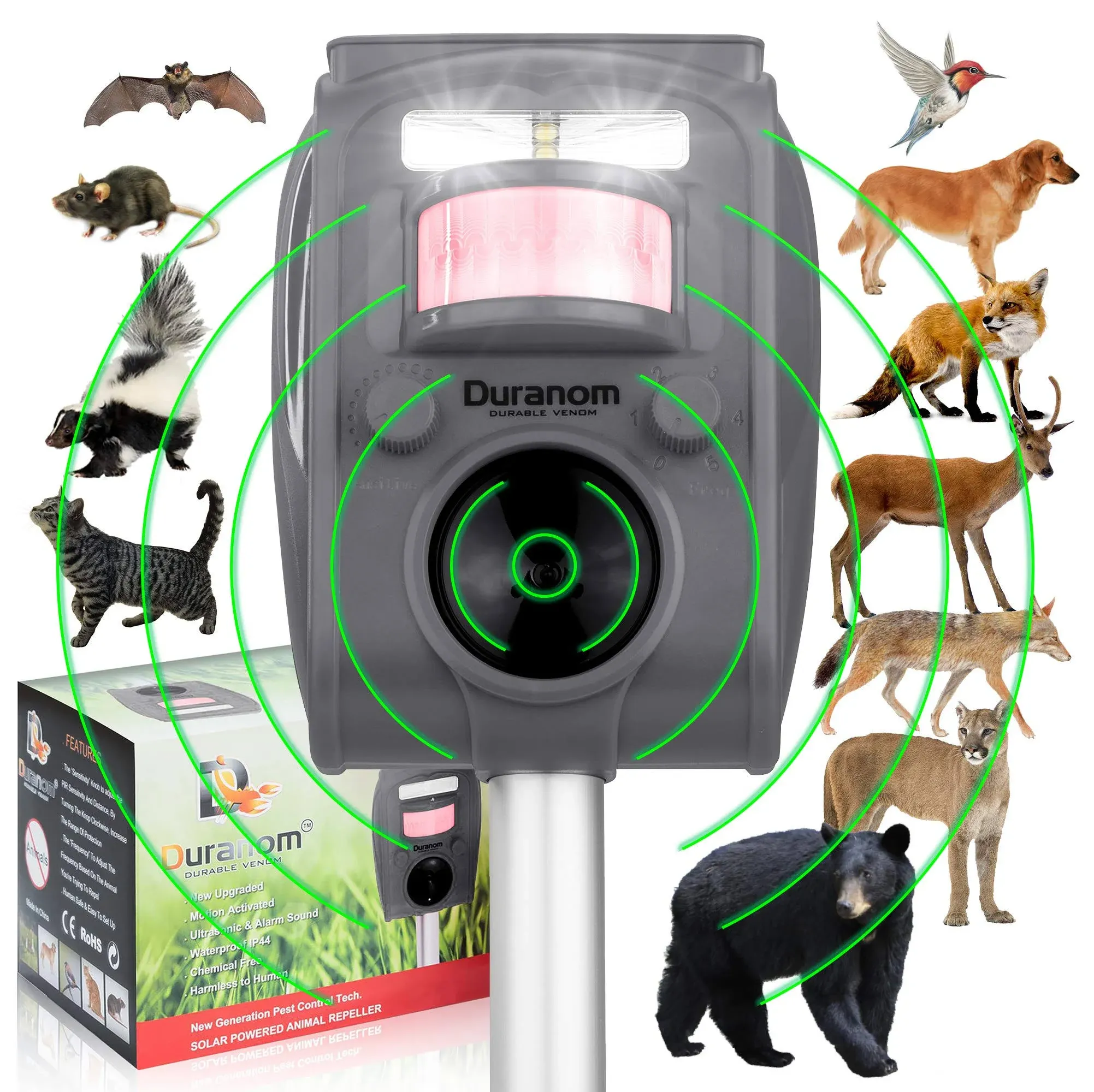 DURANOM Outdoor Ultrasonic Wild Animal Repeller - Cat Deer Repellent Solar Powered, Motion Sensor, Strobe Light, Alarm Deterrent