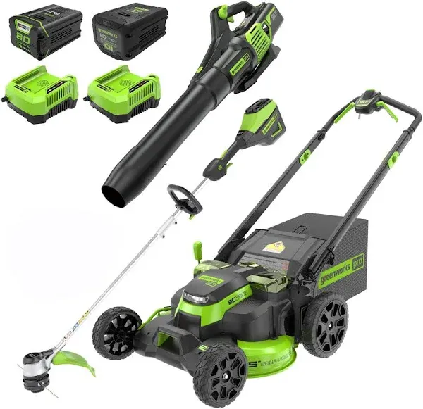 Greenworks 80V 25&#034; Self-Propelled Mower w/ Leaf Blower, String Trimmer Combo Kit