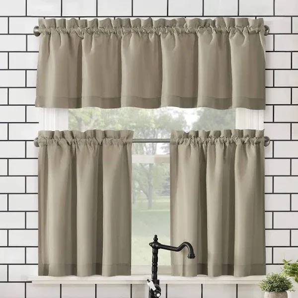 No. 918 Martine Microfiber Semi-Sheer Rod Pocket Kitchen Curtain Valance and Tiers Set - Taupe - 54"x36"