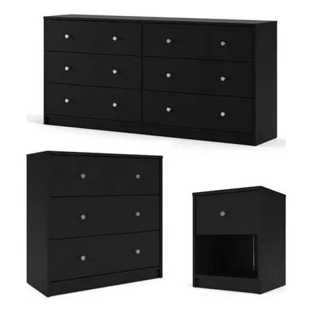 3pc Set of Engineered Wood Black 3Drawer Chest 6Drawer Dresser & Nightstand