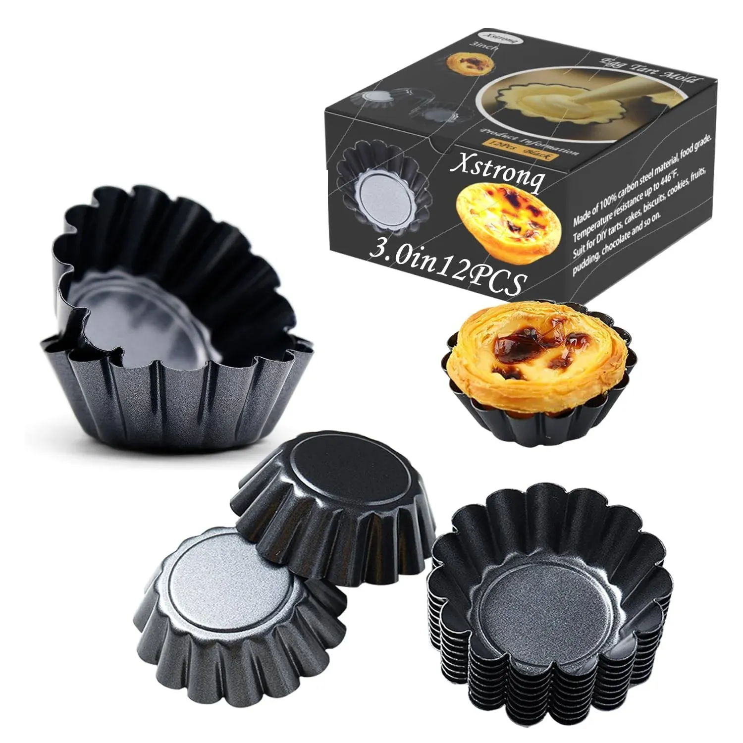 Egg Tart Molds 12PCS Tart Pan Mini Carbon Steel Non Stick Tart Pans Tart Mold