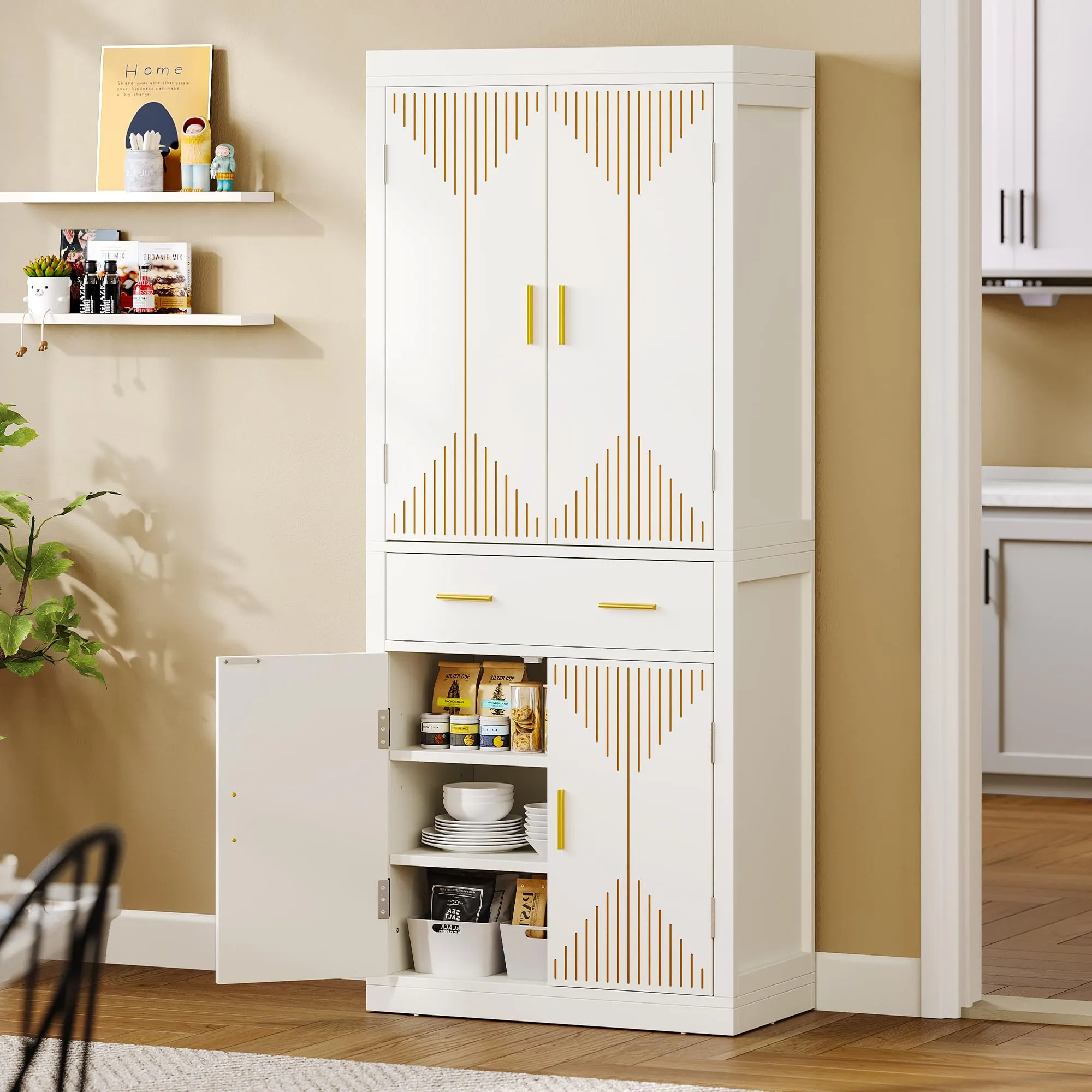 YITAHOME Pantry Cabinet, 72" Tall Kitchen Cabinet with Carved Design Doors, Modern Freestanding Tall Cupboard Storage Cabinet with a Drawer ＆ Adjustable Shelves for Kitchen, Living Room, White