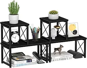 Honiter 2 Sets Desk Shelf, Desktop Organizer Shelf, Freestanding Small Bookshelf Desk Organizer, 2 Tier Independent Stackable Desktop Shelves, Desktop Office Storage Rack Display Shelf, Black