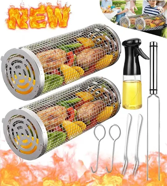 Beinhome Rolling Grilling Baskets for Outdoor Grill BBQ Net Tube Stainless Steel Large Round Mesh Rotation Barbecue Cylinder Cage Cooking Accessories for Veggies Vegetable Fish Meat Food Camping