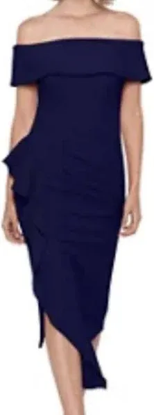 BETSY &amp; ADAM Womens Navy Asymmetrical Hem Padded Short Sleeve Sheath Dress 10