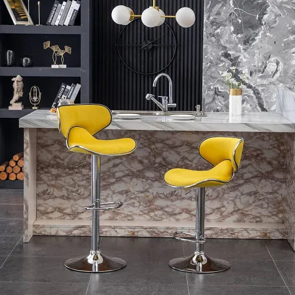 Roundhill Furniture Masaccio Velvet Upholstered Adjustable Swivel Barstool, Set of 2 - Yellow