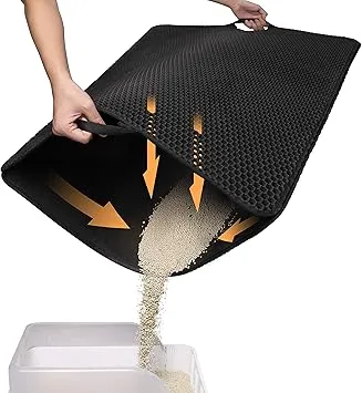 Conlun Cat Litter Mat-30"X24" Large Litter BoxTrapping Mat for Kitty EVA Honeycomb Double Layer Design, Urine & Waterproof with Handle Design Easier to Clean, Washable, Black