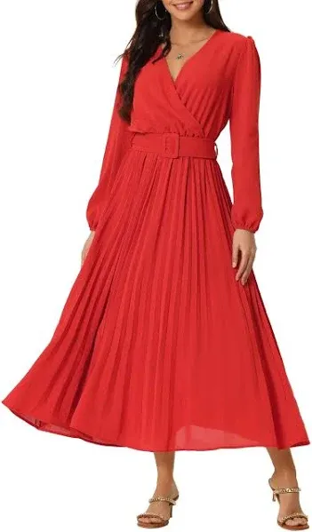 Long Puff Sleeve Wrap V Neck Flowy Ruffle Pleated Midi Dress with Belt