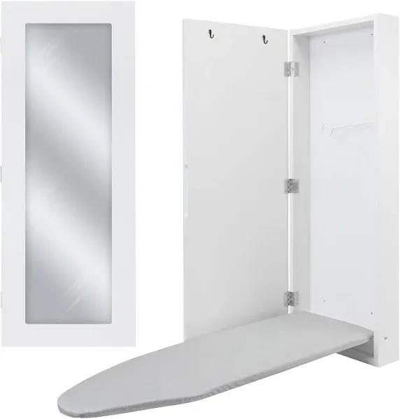 Ivation Ironing Board, Wall Mounted Ironing Board Cabinet W/Left Side Door, Mirror & Lever, White