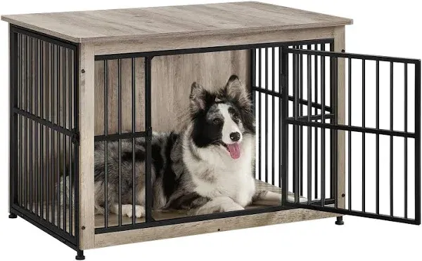 Feandrea Dog Crate Furniture, 38.6" Side End Table, Modern Kennel for Dogs Indoor up to 70 lb, Heavy-Duty Dog Cage with Enclosed Base, Double-Door Dog House, Heather Greige UPFC023G01