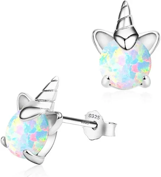 Unicorn Earrings for Girls, Hypoallergenic Fire Opal Stud Earrings ARSKRO S925 Sterling Silver with Gold Mini Tiny Cute Earring Jewelry Gifts for Kids Women