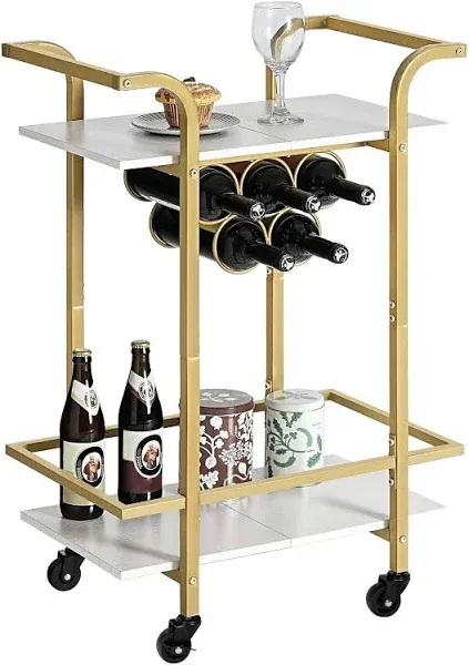 HOOBRO Bar Cart, Home Bar Serving Cart, 2-Tier Drink Cart with Lockable Wheels, Wine Cart with Wine Rack for Small Spaces, Rolling Wine Cart for Living Room, Party, Bar, White and Gold DW56TC01