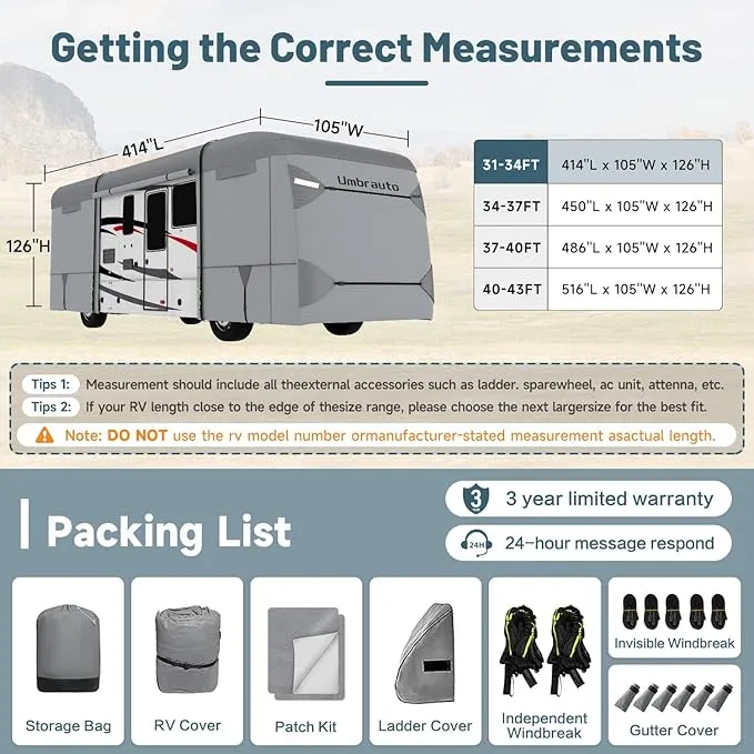 Umbrauto Class A RV Cover 2024 Upgraded 7 Layers Anti-UV Top Panel Motorhome Cover Windproof Camper Cover for 34' to 37' Motorhome with 2Pcs Extra Straps, Adhesive Repair Patches, 6 Gutter Covers