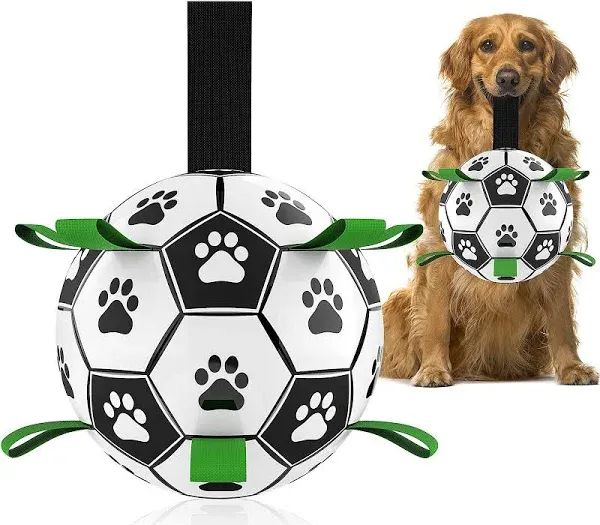 QDAN Dog Soccer Balls Toy with Bell Inside, Outdoor Interactive Dog Toys for Tug of War, Puppy Birthday Gifts, Dog Water Toy, du