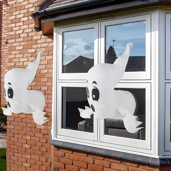 Window Crasher Ghosts-Halloween Window Decorations-Also Walll Decoration Hanging Ghost Outdoor Indoor-Cute Stuffed Ghost Party Decorations Window Broken Halloween White Flying Ghost 2Pcs