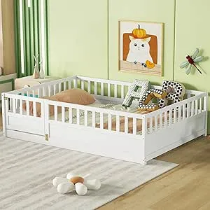 Full Size Floor Bed with High Fence, Door and Slats Kids Bed Full