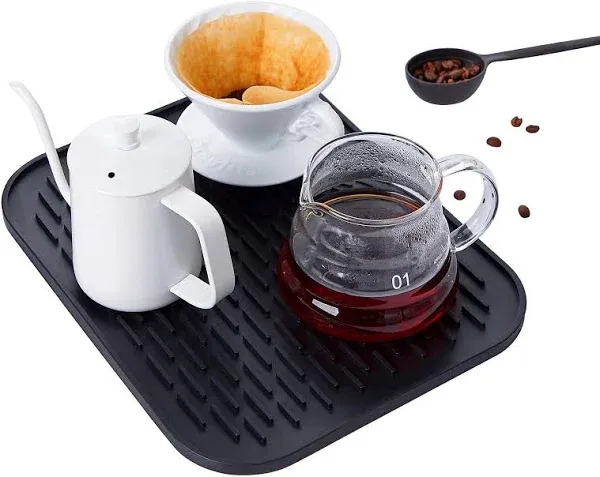 Drying Mat For Pour Over Coffee Maker Set Bar Service Spill Mat Heat Resistant Silicon Mats Counter Top Dryer Pad Food Grade Glassware Drainer Black