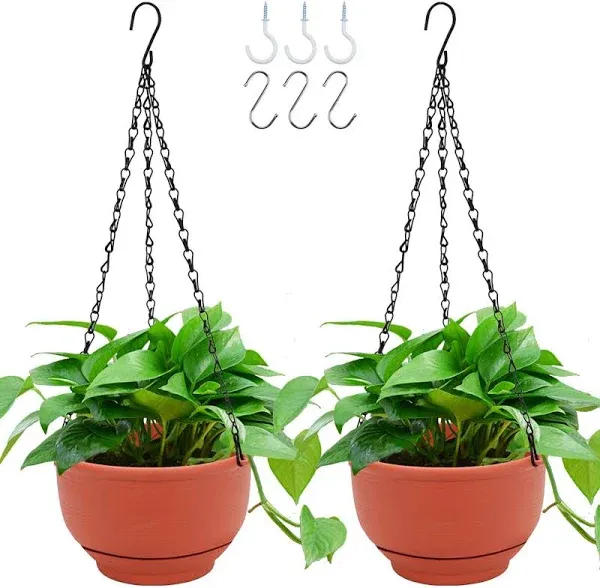 GROWNEER 2 Packs 8 Inch Plastic Hanging Planter Self Watering Basket with 6 Pcs Hooks, Indoor Outdoor Hanging Plants Flower Pot Detachable Base for Garden Home Decoration (Terracotta Color)