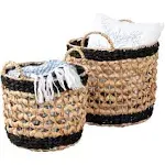 Wicker Round Nesting Basket Set of 2 with Handles, Natural/Black