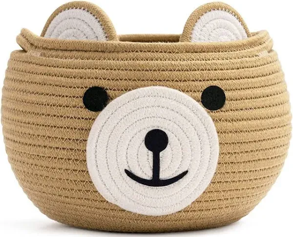 CherryNow Cotton Rope Basket Baby Basket for Nursery, Bear Gift Basket for Kids, Empty Baby Shower Basket with Handles, Small Cute Animal Basket, Brown, 10.5"D x 8.5"H