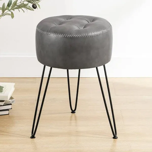 Lue Bona Faux Leather Vanity Stool Chair for Makeup Room, Grey Stool for Vanity, 19? Height, Tufted Small Vanity Chair Stool Wit