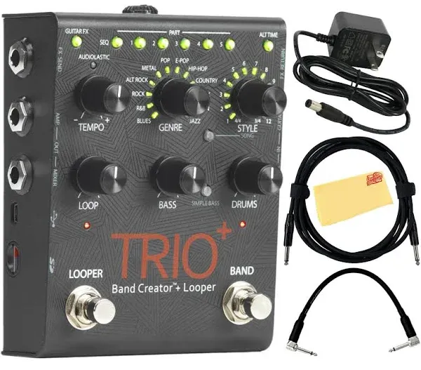 DigiTech Trio+ Band Creator and Looper Pedal Bundle with Power Supply, Guitar Cable, Patch Cable, and Austin Bazaar Polishing Cloth