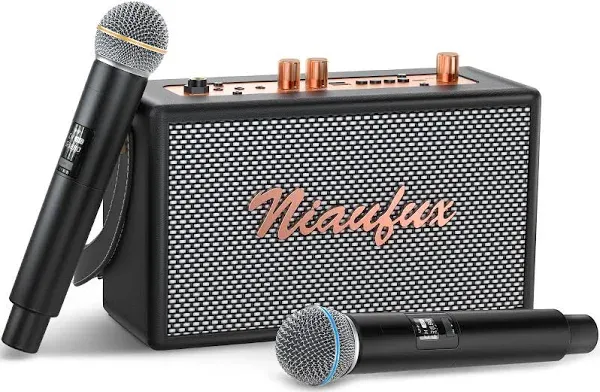 Niaufux Retro Karaoke Machine with Two Wireless Microphones, Portable Bluetooth Speaker for Adults and Kids