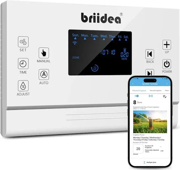 8 Zones WiFi Smart Sprinkler Controller, Briidea Automatic Irrigation Controllers with Customized Watering Schedule & Seasonal Adjustment, Water Efficiently and Keep Your Plants Healthy