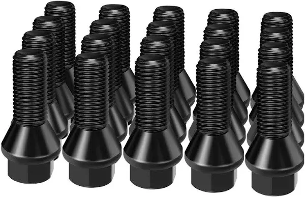 dynofit 14x1.5 27mm Shank Aftermarket Lug Bolts, 20pcs Solid Black Conical Seat Studs for A1 A2 A3 A4 A5 A6 A7 A8 S1 S2 S3 S4 S5 S6 S7 S8, Fit CC Golf Jetta Lavida Se Boxster Cayman Macan Panamera