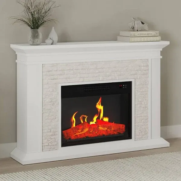 Electric Fireplace Freestanding Heater White 47 Inch Remote LED Flames Faux Logs