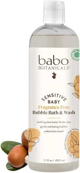 Babo Botanicals Sensitive Baby Fragrance-Free 2-in-1 Bubble Bath & Wash - Shea Butter, Calendula & Oat - Vegan - EWG Verified - For Babies & Kids