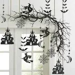 Halloween Witch Garland for Haunted House Decoration Black Glitter Gothic Sticke