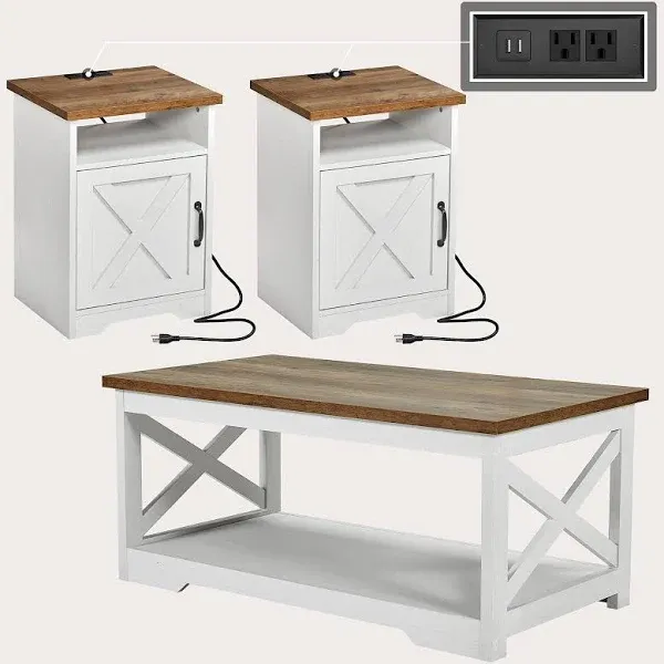 AMERLIFE 3-Piece Farmhouse Table Set Includes Coffee Table& Two End Ta